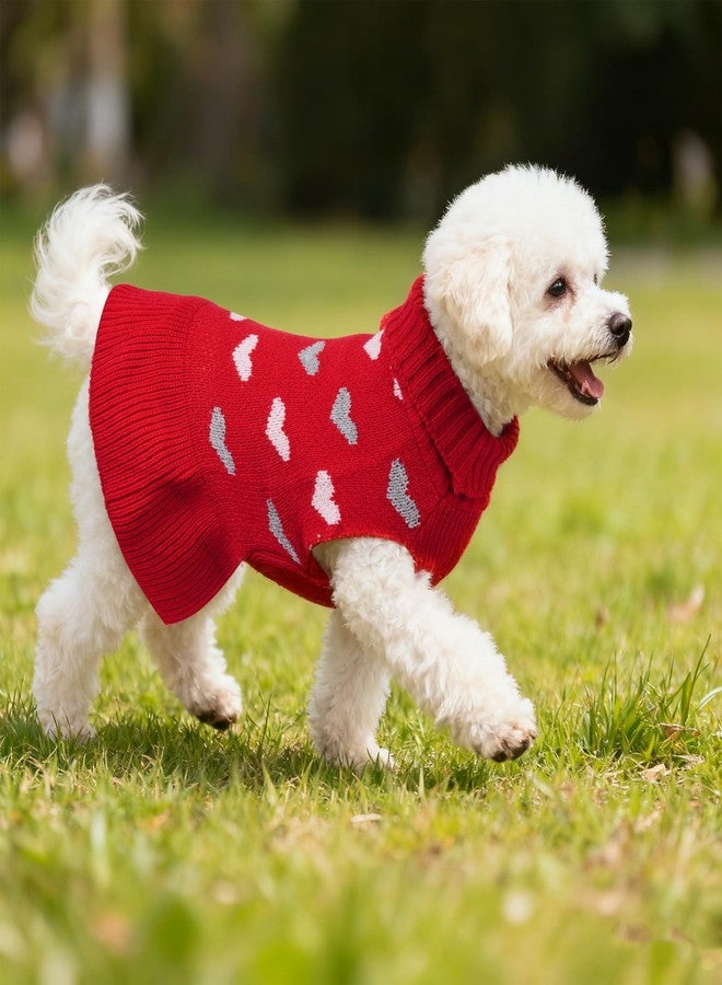 cnomg Dog Sweater Dress Heart Red Turtleneck Knit Dress for Small Dogs 9-15 lbs Valentine Winter Pullover with Leash Hole for Wedding Mothers Day Valentine's Day - Image 2